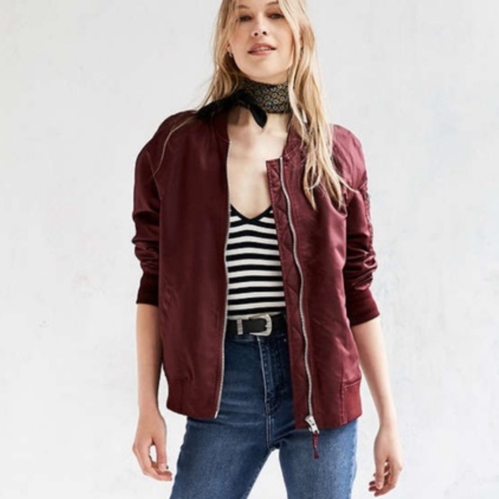 Silence + Noise maroon bomber jacket